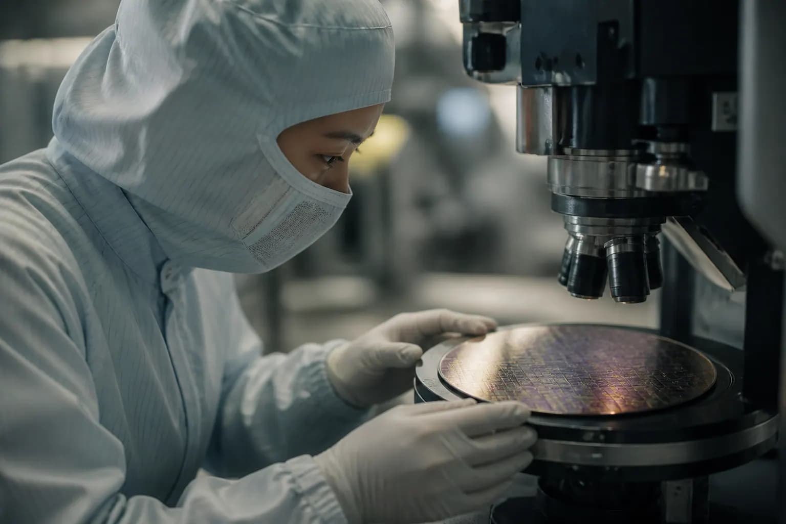 A gloved technician in a cleanroom bunny-suit inspecting a silicon wafer that catches the light in rainbow diffraction — the concentrated, capital-intensive fabrication step at the heart of the chip supply chain.