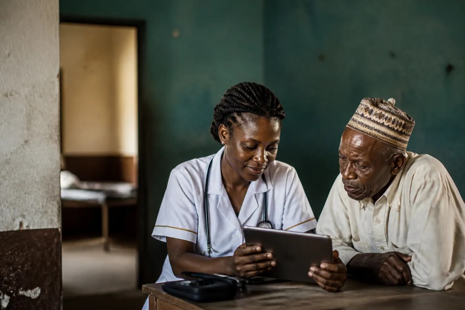 A clinician conducting a video consultation on a tablet while a patient's vital signs stream in from a home monitoring device — care delivered across digital channels rather than only in the clinic.