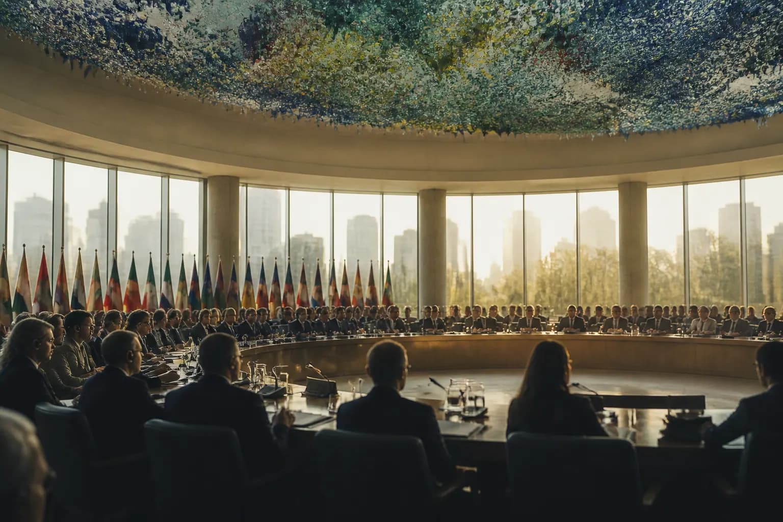 An empty circular assembly chamber ringed with national name-plates and interpreters' booths, light falling across rows of seats — the post-1945 multilateral machinery whose composition has barely changed as the world's economic weight has shifted.