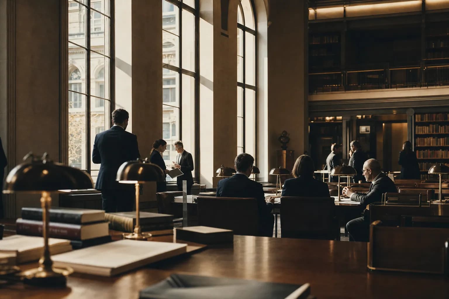 Delegates in conversation before a wall of windows at an international policy forum.